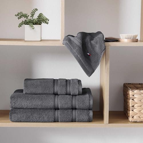 Tommy Hilfiger – Bathroom Towels, Soft Cotton Washcloths, Bath & Hand Towel Set, Zero Twist, Medium Weight & Highly Absorbent, Set of 6, College Dorm Room Essentials (Harborside Charcoal) — view 5