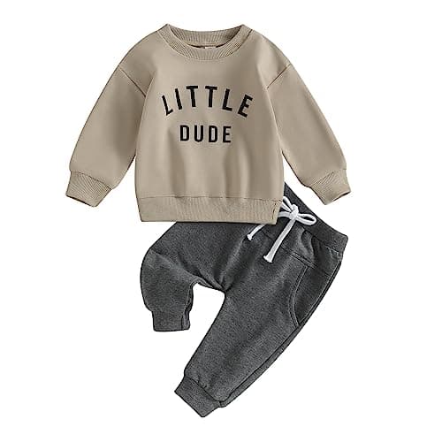 Toddler Baby Boy Outfit LITTLE DUDE Letter Long Sleeve Sweatshirts Long Pants Fall Spring Clothes (Khaki, 0-6 Months)