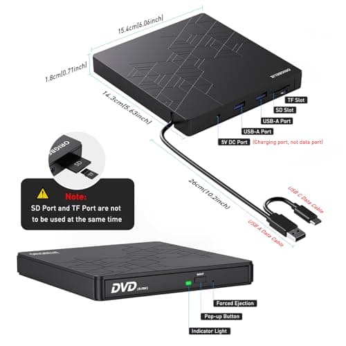 ORIGBELIE External DVD Drive, CD Drive USB 3.0 Typle C CD/DVD ROM +/-RW Adapter with USB Port DVD Burner for Laptop PC Desktop Computer, Optical Disk Drive CD Player Compatible with Mac Windows Linux — view 5