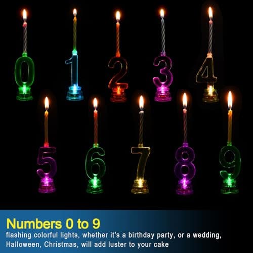 Boao 50 Pcs Birthday Number Candle Set Includes 10 Pcs Multicolor LED Flashing Number Candles with Transparent Shell and 40 Pcs Wax Candles(Colored Candle Style) — view 3