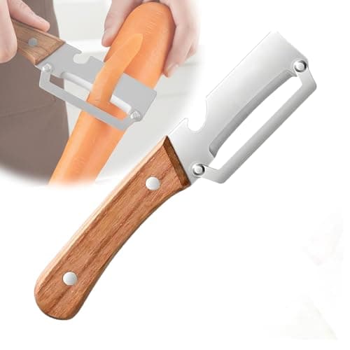 Sakerplus Multifunctional Vegetable Peeler with Wooden Handle and Bottle Opener, 2-in-1 Stainless Steel Blade, Contour-Flow for Kitchen Prep, Camping, Apple Potato Pumpkin Papaya Peeling