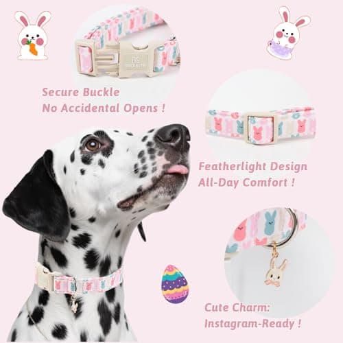 Maca Bates Easter Basic Dog Collar with Rabbit Charm for Small Girl Boy Dogs, Colorful Bunny Pattern,Adjustable Durable Soft Collars Festival Gift for Male Female Puppy — view 3
