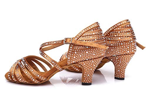Minishion Women's Rhinestone Dance Shoes Ankle Strap Latin Salsa Dancing Heels, L377 Bronze 6cm Heel, 5 — view 5
