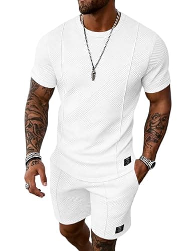 UOUA Mens Short Sets 2 Piece Summer Outfits Casual Short Sleeve Crew-Neck Shirts & Shorts Track Suit Jogging Loungewear, White M