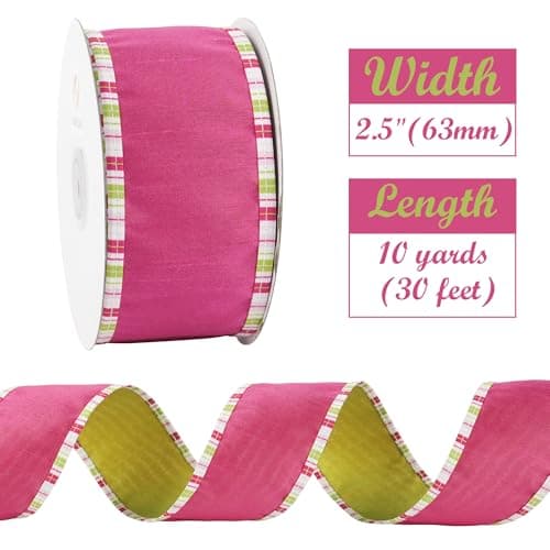 HUIHUANG Hot Pink and Lime Dupioni Wired Ribbon with Striped Border 2.5 Inch Wide 10 Yards Easter Ribbons for Easter Basket Floral Arrangement Bunny Decor Spring Holiday Wreath DIY Crafts — view 4