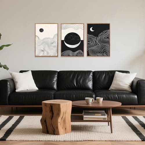 CHDITB Abstract Sun Moon Framed Canvas Art Prints Set(12"x16"), 3 Panels Modern Neutral Black and White Artwork Painting, Large Boho Minimalist Fine Line Wall Art Home Decor for Bedroom Living Room — view 2