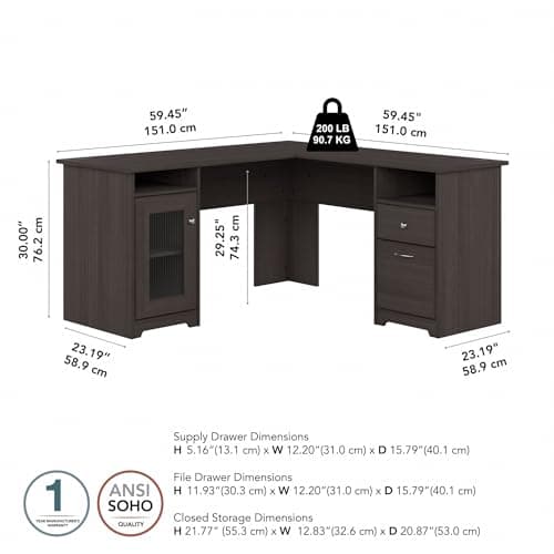 Bush Home Cabot 60W L Shaped Computer Desk with Storage in Heather Gray, 60-inch Corner Table with Drawers for Home Office Workspace — view 8