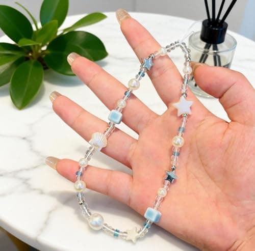 2 Pcs Phone Charm Strap Universal Hand Phone Wrist Strap Camera Lanyard Pearl Beaded Cute Chain String Accessories Universal for iPhone 17 16 Pro Max Samsung Women Girls Keychain Brown and White Star — view 2
