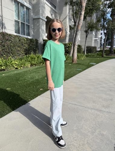 Arshiner Short Sleeve Shirts Girls Crew Neck Oversized Casual Loose with Pocket Tops Kids Cute Blouses for Girls Green 13-14 Years — view 2