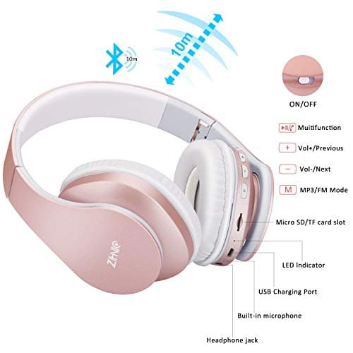 ZIHNIC Bluetooth Headphones Over-Ear, Foldable Wireless and Wired Stereo Headset Micro SD/TF, FM for Cell Phone,PC,Soft Earmuffs &Light Weight for Prolonged Wearing(Rose Gold) — view 5