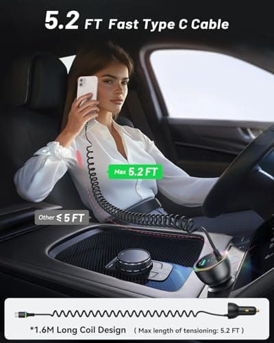 Rocoren 70W Car Charger for iPhone 17 Pro Max, USB C Car Charger Fast Charging with 5.2Ft Type C Coiled Cable, Super Fast USBC Phone Cigarette Lighter Adapter for iPhone 17/16/15, iPad,Samsung,Android — view 2