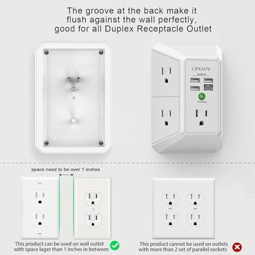 Wall Charger, Surge Protector, QINLIANF 5 Outlet Extender with 4 USB Charging Ports, 3-Sided 1680J Power Strip Multi Plug Adapter Spaced for Home Travel Office — view 2