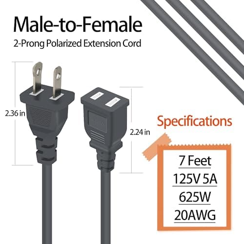 7FT Grey Extension Cord 2 Prong Polarized 5A Male to Female — view 3