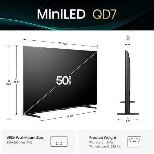Hisense 50QD7QFM - 50" 4K Smart Mini-LED Fire TV (2025 Model), QLED Color, 60Hz Game Mode PRO, Dolby Vision, Dolby Atmos, AI Smooth Motion with MEMC, Alexa Built in with Voice Remote