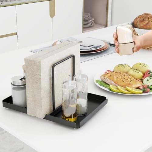 Napkin Holder for Table, Metal Napkin Holder with Salt and Pepper Shakers Caddy, Standing Paper Napkin Storage for Kitchen Dining Table Decor, Black — view 4