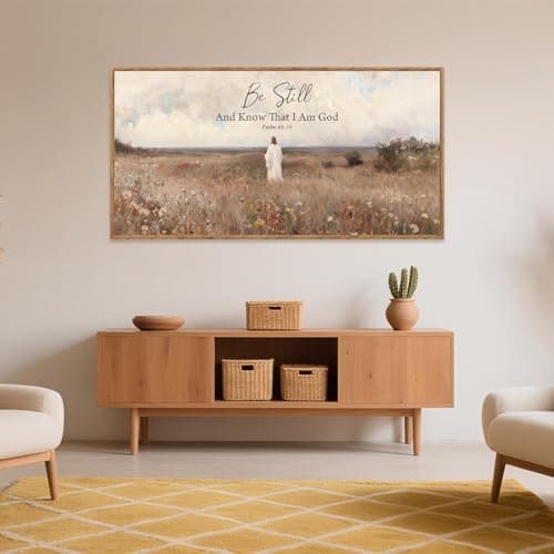 CHDITB Be Still And Know That I Am God Psalm 46:10 Wall Art(40"x20"), Jesus Christian Bible Verse Scripture Canvas Artwork, Large Wildflowers Meadow Landscape Decor for Home Dining Room Christ Gift — view 2