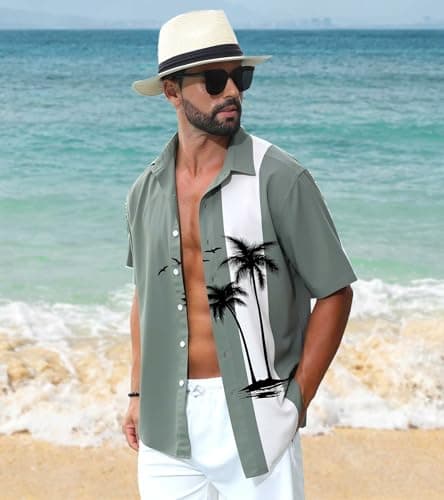ACOCOPY Mens Shirts Green Hawaiian Casual Button Up Shirts with Short Sleeves Palm Tree Print Quick Dry Beach Shirts Size L — view 2