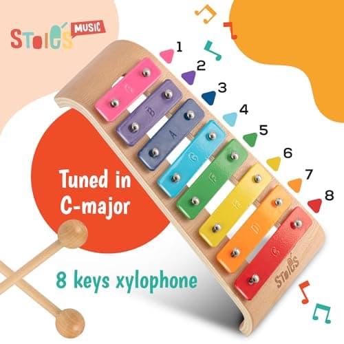 Stoie's Wooden Xylophone for Kids and Toddlers, Curved Design, 8 Notes of Rainbow Color, Tuned C-Key Xylophone with Mallets, Music Songbook, Kids Musical Instrument Educational Montessori Toys — view 5