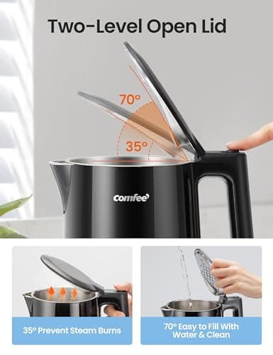 COMFEE' 1.7L Double Wall Electric Tea Kettle and Kettle Water Boiler, 100% Stainless Steel Interior & Lid & Spout, Two-Level Wide Open Lid, 1500W Fast Boiling, Auto-Off and Boil-Dry Protection — view 4