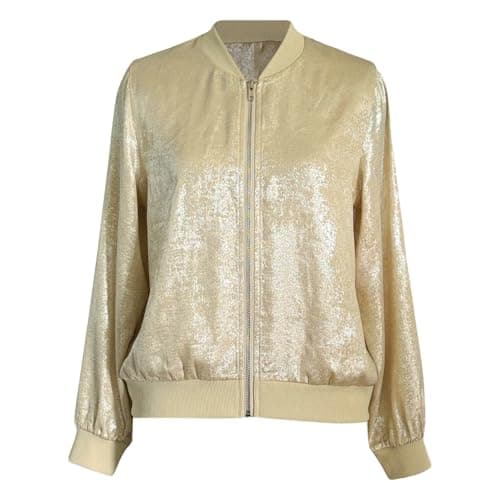 Women's Bomber Jacket with Zipper Sequin Blazer Metallic Gold Tops for Women Lightweight Coats Holiday Outfit Party Outerwear — view 3