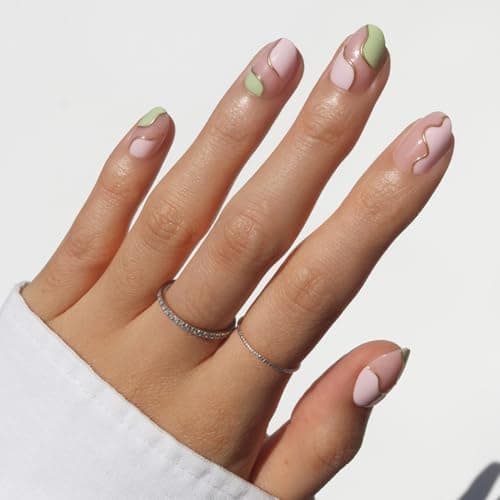 Glamnetic Press On Nails - Short Oval Fake Nails, Pink & Green Swirl Nails with Gold Foil Accents, Strawberry Matcha | 15 Sizes - 30 Nail Kit with Glue