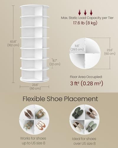 VASAGLE 7-Tier Rotating Shoe Rack Tower, Free Standing 360 Degree Spinning Shoe Organizer, Lazy Susan Bag Display Storage Rack, for Corners, Closets, Small Spaces, White ULBS047WZ01