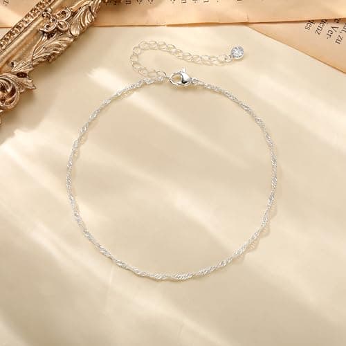 Moodear Ankle Bracelets for Women 14K Silver Plated Anklet Twist Chain — view 5