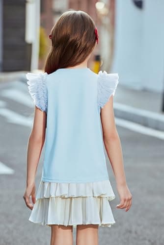 Arshiner Girls Blouses T Shirts for Kids Mesh Ruffle Flying Short Sleeve Summer Soft Clothes Crewneck Tees Light Blue 8 Years