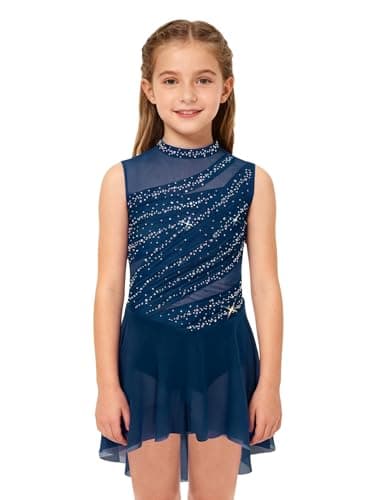 easyforever Kids Girls Shiny Rhinestone Ballet Lyrical Dance Dress Figure Ice Skating Dress Contemporary Dancewear Navy Blue 8 Years