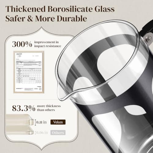 Veken French Press Coffee Maker 21oz 0.6 L, Heat Resistant Thickened Borosilicate Glass, No Plastic Touching Cafe, Single Serve Small Pot, Stainless Steel Brewer,Teapot for Kitchen Camping,Dark Pewter — view 3