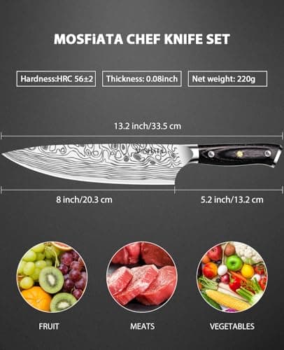 MOSFiATA 8" Super Sharp Professional Chef's Knife with Finger Guard and Knife Sharpener, German High Carbon Stainless Steel EN1.4116 with Micarta Handle and Gift Box — view 3