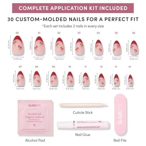 Glamnetic Press On Nails - Cherry Bomb | Short Almond Fake Nails with Glossy Red French Tips & 3D Cherry Accents on Semi-Transparent Base, Salon Quality | 15 Sizes - 30 Nail Kit with Glue — view 3