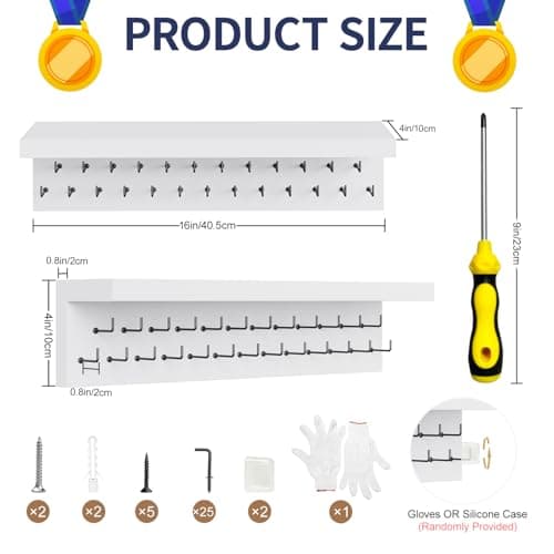 DSVENROLY Medal Holder Display Trophy Shelf Organizer, Sturdy Wooden Race Award Hanger Rack with 25 Steel Hooks, Wall Mount Storage Stand for Sports Fans, Cheer Success, White with Black Pegs — view 4