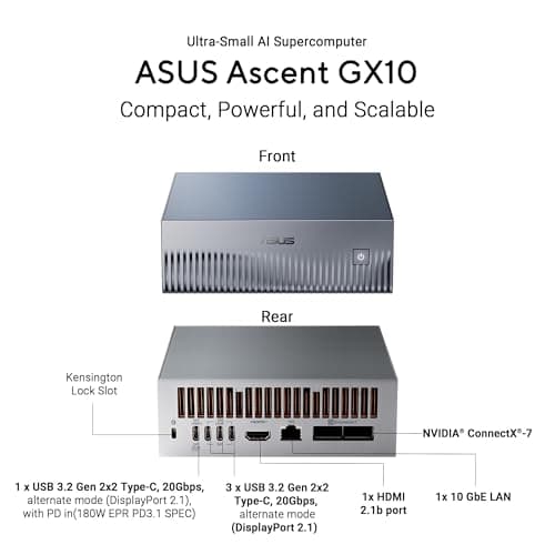 ASUS Ascent GX10 AI Supercomputer, DGX Spark, NVIDIA GB10 Superchip, 128GB LPDDR5x, 1TB PCIe Gen4 NVMe SSD, Wi-Fi 7 & BT5.4, Agentic AI Ready, Supports OpenClaw, NemoClaw, Stackable Chassis — view 2