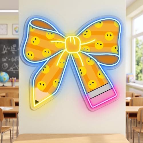 Woanger Bow Pencil Neon Sign for Classroom Reading Corner Decor Back to School Reading Nooks Decorations Cute Aesthetic LED Classroom Wall Decor with Smile Face for Library Background