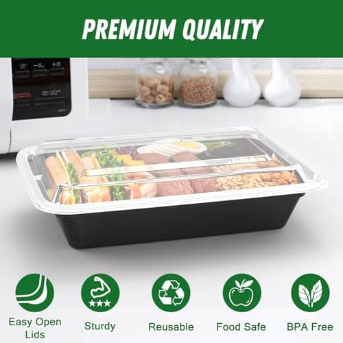 50 Pack (100-Piece) 32 oz Meal Prep Containers Reusable with Easy Open Lids, Sturdy Leakproof Food Safe, Microwave Freezer Dishwasher Safe, To Go Take Out Plastic Food Storage Pans with Lids, Black — view 2