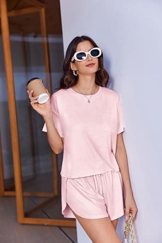 Ekouaer Womens Striped Pajama Sets Sexy Lounge Sets Side Split Short Pj Sets Cute Pjs 2 Piece Comfy Sleepwear Loungewear Pink and White Stripes Medium — view 4