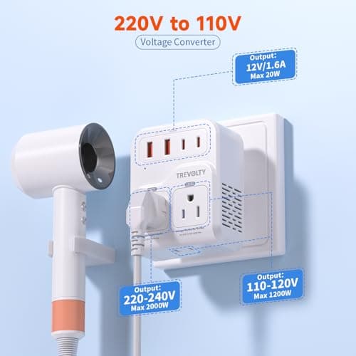 2000W Voltage Converter US to Europe for Hair Dryers, 7-in-1 220V to 110V Converter for European Travel with 3 AC/2 USBA/2 USBC Ports (PD20W), Universal Travel Adapter with Type C G Plug