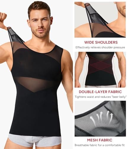 Nebility Mens Compression Shirt - Slimming Undershirts Body Shaper Vest Mesh Shapewear Tummy Control Tank Tops Black — view 2