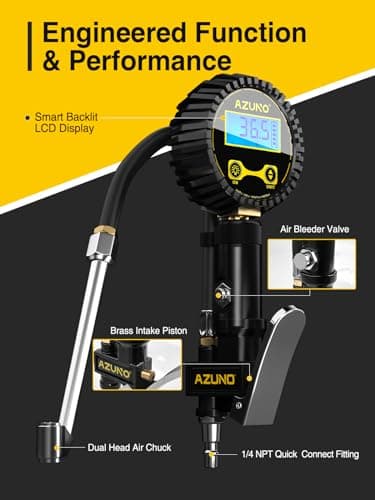 AZUNO Digital Tire Inflator with Pressure Gauge, 200 PSI, Heavy Duty Air Compressor Accessories, w/Rubber Hose Lock on Air Chuck and Quick Connect Coupler (Standard) — view 6