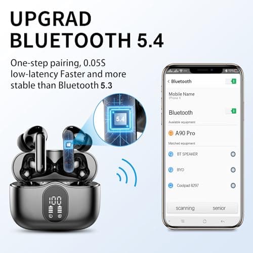 Wireless Earbuds, Bluetooth Headphones 5.4 HiFi Stereo, Wireless Earphones with ENC Noise Cancelling Mic, IP7 Waterproof in Ear Headphones, LED Digital Display Ear Buds, Touch Control, Black — view 4