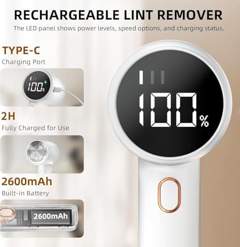 Fabric Shaver, Lint Remover Rechargeable, Electric Portable Sweater Defuzzer with 3 Speeds, 6 Leaf Blades, Digital LED Display to Remove Pilling for Sweater, Clothes, Couch, Blanket, Furniture — view 2