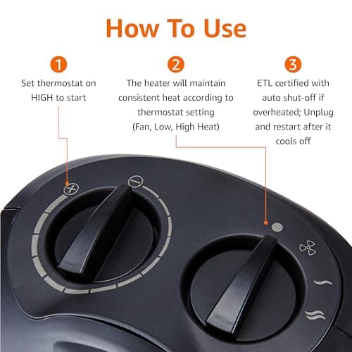 Amazon Basics Ceramic Space Heater, Portable Indoor Heating Solution, With Overheat and Tip-Over Protection, Thermostat, Non-Oscillating, 1500W, 7.52"D x 6.34"W x 9.45"H, Black — view 3