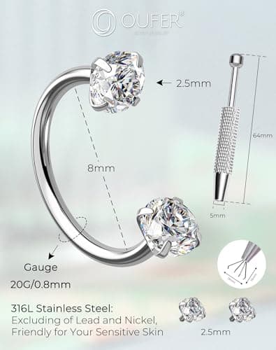 OUFER Horseshoe Nose Rings Studs, 20G Internally Threaded Nose Rings For Women, 316L Surgical Steel Double Cubic Zirconia Nose Studs, Lip Eyebrow Helix Ear Piercing Jewelry — view 4