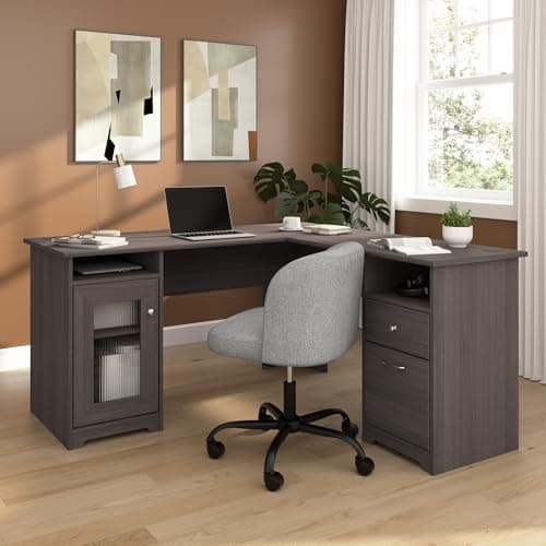 Bush Home Cabot 60W L Shaped Computer Desk with Storage in Heather Gray, 60-inch Corner Table with Drawers for Home Office Workspace