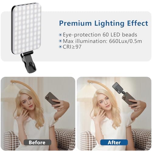 ALTSON 60 LED Portable Selfie Light Video Conference Lighting with Clip & Camera Tripod Adapter Rechargeable 2200mAh CRI 97+, 3 Light Modes for Phone iPhone Webcam Laptop Photo Makeup — view 3