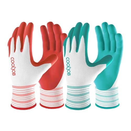 COOLJOB 2 Pairs Gardening Gloves for Women Ladies, Breathable Rubber Coated for Yard Garden, Outdoor Indoor Protective Work with Grip, Small Size, Red & Green