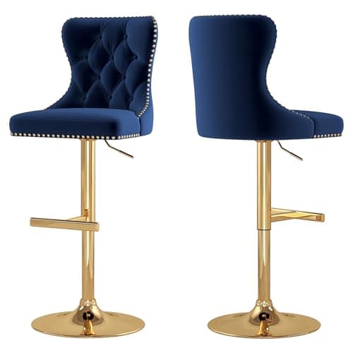GOOLON Bar Stools Set of 2, Velvet Swivel Counter Height Stools with Tufted Back, Adjustable Seat with Nailheads Trim, Upholstered Bar Chairs with Gold Base for Kitchen Island, Pub, Blue