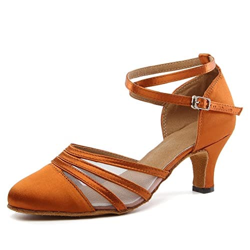 DKZSYIM Women's Satin Latin Dance Shoes Close Toe Ballroom Performance Dancing Shoes,YCL189-Brown-6,US 7