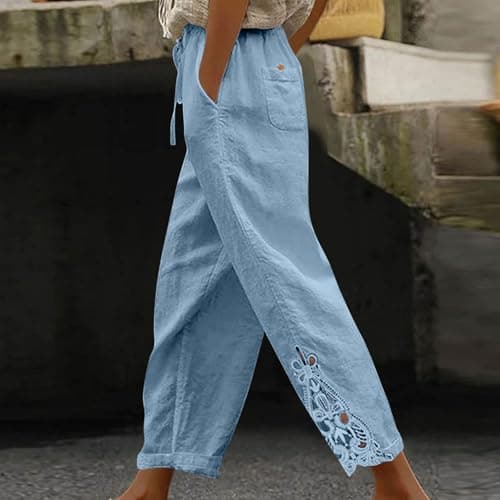 TXGMNA Womens Summer Linen Capri Pants 2026 Fashion Lace Embroidery Splicing Lightweight Boho Beach Capris with Pocket